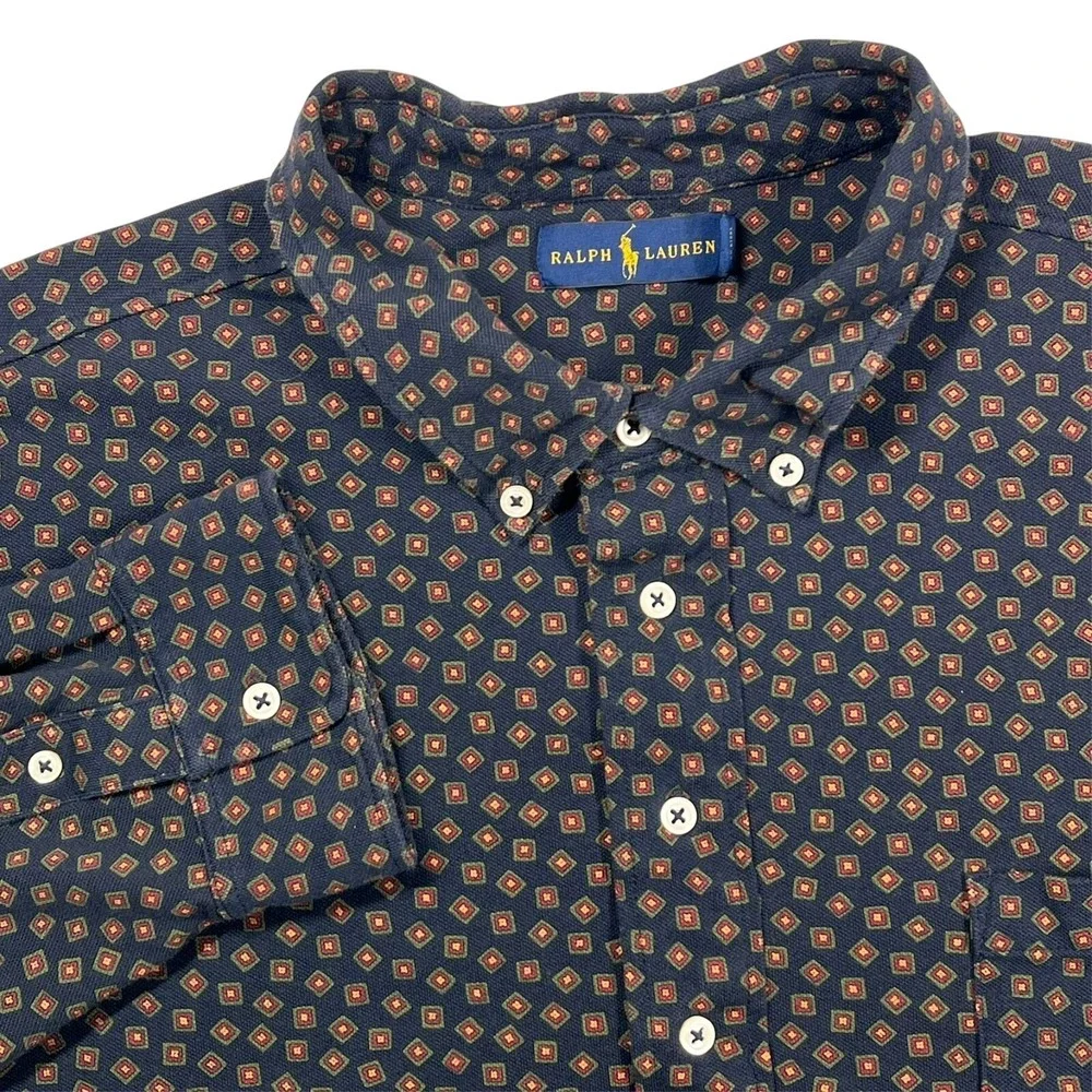 Ralph Lauren Polo Shirt Men's 2XB Navy Blue Geometric‎ Diamond Long Sleeve
